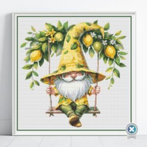 Lemon Gnome Cross Stitch Pattern, Gnome on Swing Chart, Instant PDF Download, Floss Conversions