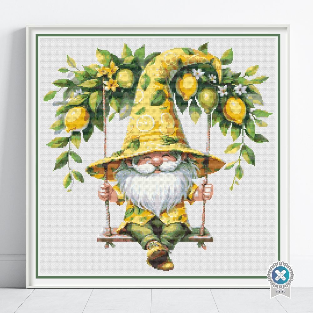 Lemon Gnome Cross Stitch Pattern, Gnome on Swing Chart, Instant PDF Download, Floss Conversions