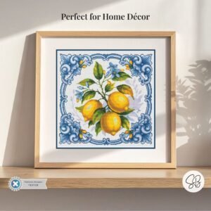 Lemon Tile Cross Stitch Pattern, Mediterranean Blue and White Embroidery, Instant PDF Download, Floss Conversions