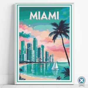 Miami Cross Stitch Pattern, Retro Travel Poster PDF, Florida Embroidery, Instant Download, Floss Conversions