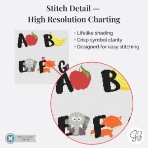 Nursery Alphabet Cross Stitch Pattern, Animal ABC Baby Room Decor, Partial Coverage, Floss Conversions