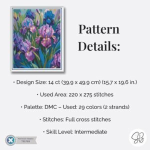 Oil Painting Irises Cross Stitch Pattern, Large Print Floral Botanical PDF, Floss Conversions