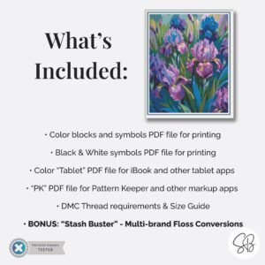Oil Painting Irises Cross Stitch Pattern, Large Print Floral Botanical PDF, Floss Conversions