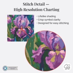 Oil Painting Irises Cross Stitch Pattern, Large Print Floral Botanical PDF, Floss Conversions