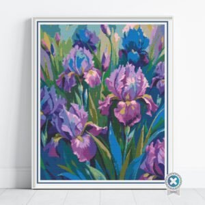 Oil Painting Irises Cross Stitch Pattern, Large Print Floral Botanical PDF, Floss Conversions
