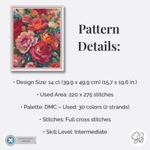 Oil Painting Roses Cross Stitch Pattern, Full Coverage Floral Botanical PDF, Multi-Brand Floss Conversions