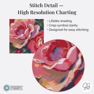 Oil Painting Roses Cross Stitch Pattern, Full Coverage Floral Botanical PDF, Multi-Brand Floss Conversions