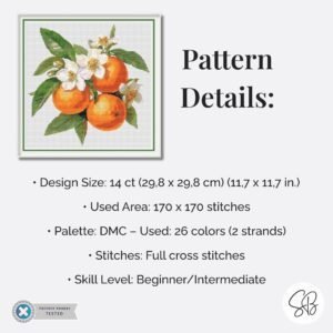 Orange Blossoms Cross Stitch Pattern, Modern Citrus Fruit Kitchen Decor, Summer Embroidery, Floss Conversions