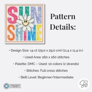 Smiling Daisy Cross Stitch Pattern, Retro Grunge Sunshine Quote Embroidery, Instant Download, Floss Conversions