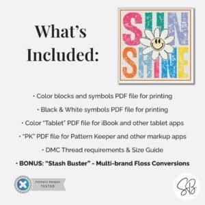 Smiling Daisy Cross Stitch Pattern, Retro Grunge Sunshine Quote Embroidery, Instant Download, Floss Conversions