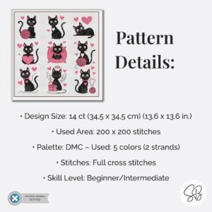 Valentine Cats Cross Stitch Pattern, Love Cats Embroidery, Funny Holiday Decor, Floss Conversions