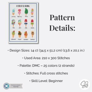 A Year of Ice Cream Cross Stitch Pattern, Seasonal Treats Sampler, Instant Download, Floss Conversions