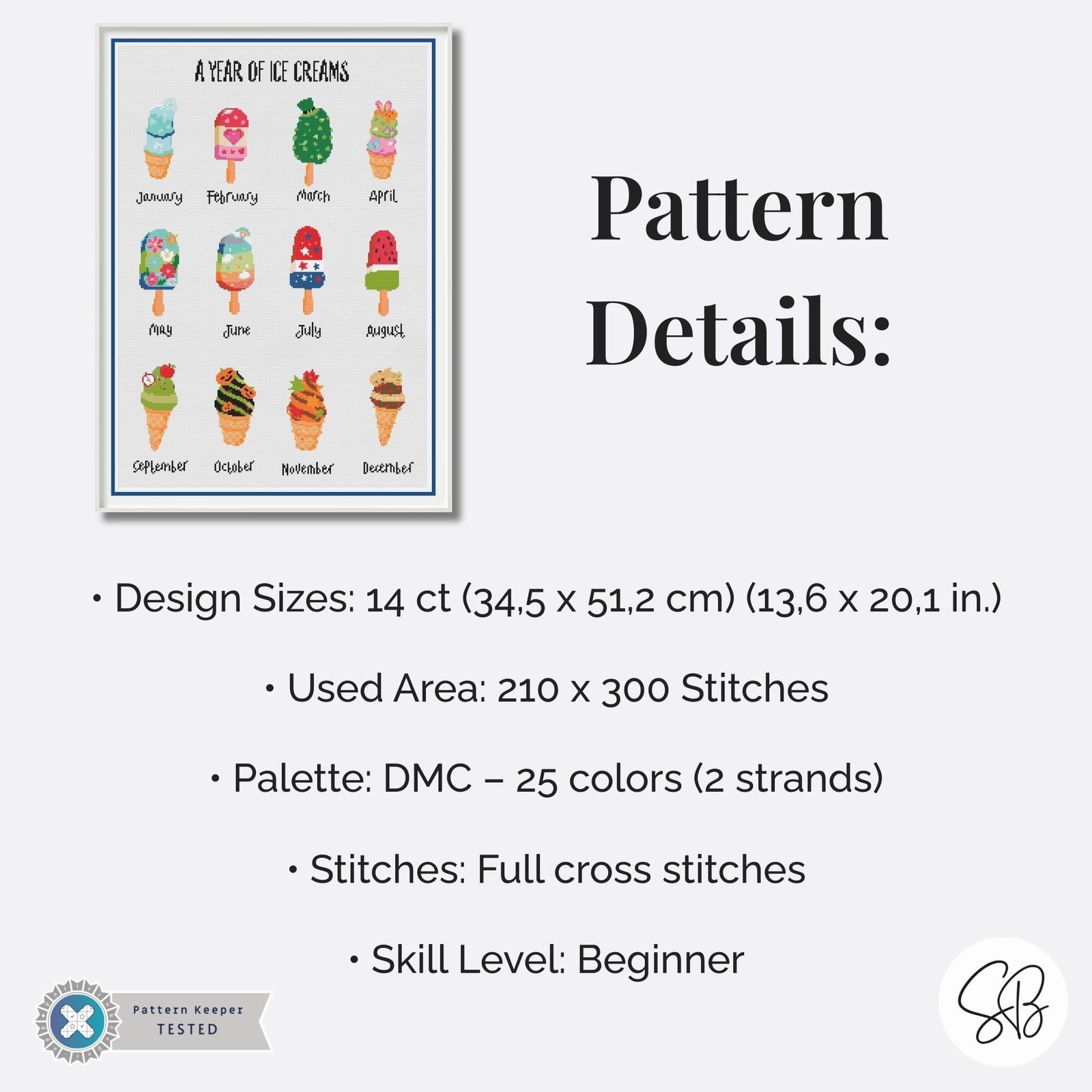 A Year of Ice Cream Cross Stitch Pattern, Seasonal Treats Sampler, Instant Download, Floss Conversions