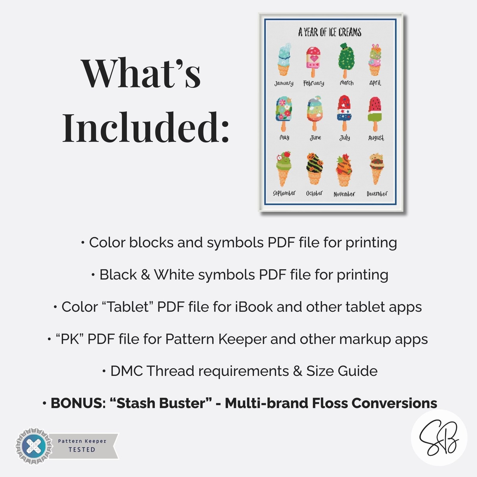 A Year of Ice Cream Cross Stitch Pattern, Seasonal Treats Sampler, Instant Download, Floss Conversions