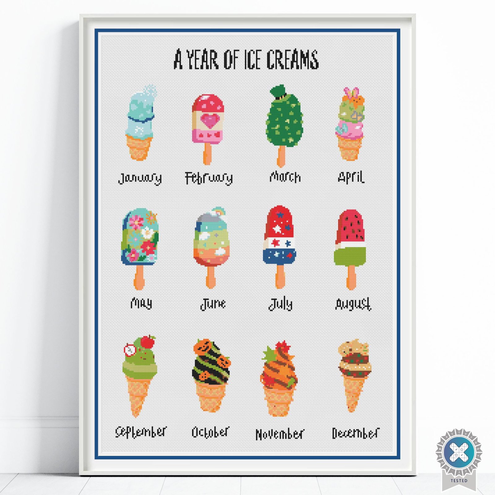 A Year of Ice Cream Cross Stitch Pattern, Seasonal Treats Sampler, Instant Download, Floss Conversions