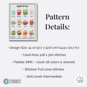 A Year of Mugs Cross Stitch Pattern, Seasonal Mug Sampler, Instant PDF Download, Floss Conversions