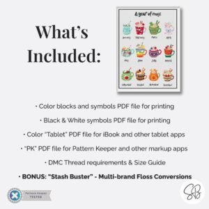 A Year of Mugs Cross Stitch Pattern, Seasonal Mug Sampler, Instant PDF Download, Floss Conversions