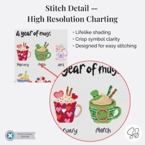 A Year of Mugs Cross Stitch Pattern, Seasonal Mug Sampler, Instant PDF Download, Floss Conversions