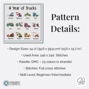 A Year of Trucks Cross Stitch Pattern, Seasonal Construction Vehicles, Kids Truck Embroidery PDF, PatternKeeper
