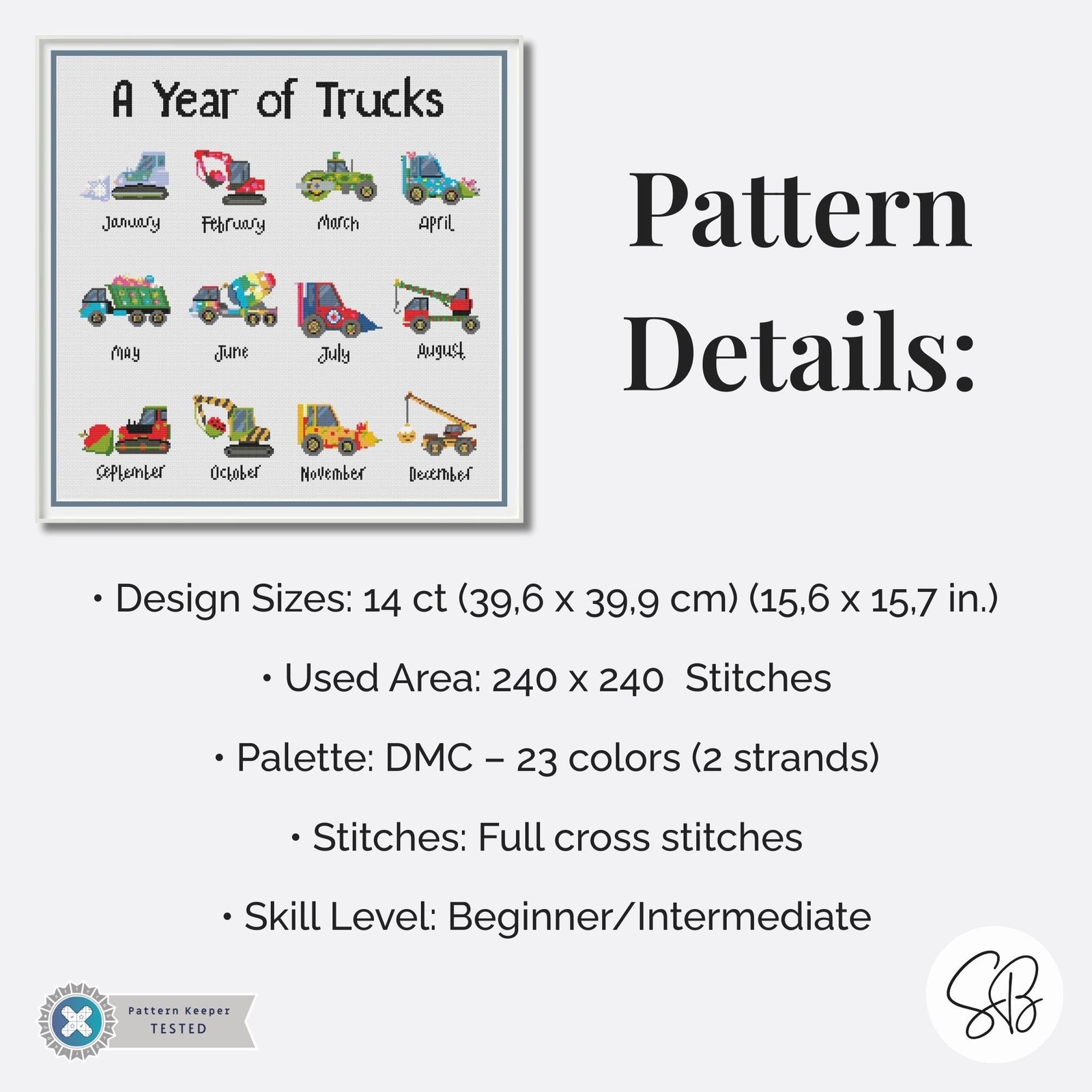 A Year of Trucks Cross Stitch Pattern, Seasonal Construction Vehicles, Kids Truck Embroidery PDF, PatternKeeper