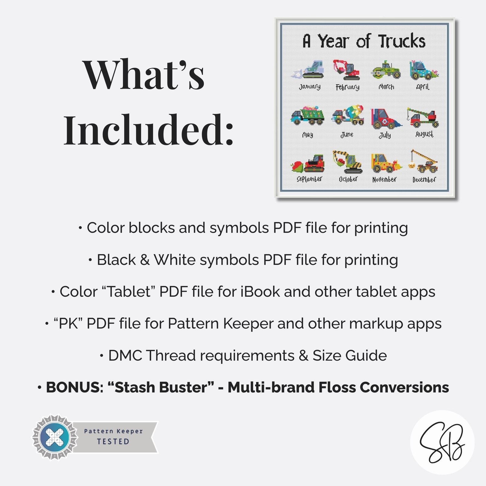 A Year of Trucks Cross Stitch Pattern, Seasonal Construction Vehicles, Kids Truck Embroidery PDF, PatternKeeper