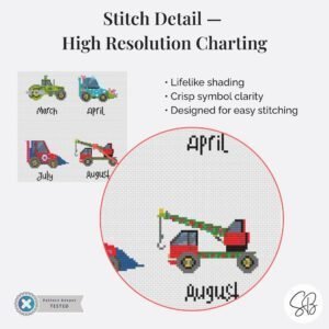 A Year of Trucks Cross Stitch Pattern, Seasonal Construction Vehicles, Kids Truck Embroidery PDF, PatternKeeper
