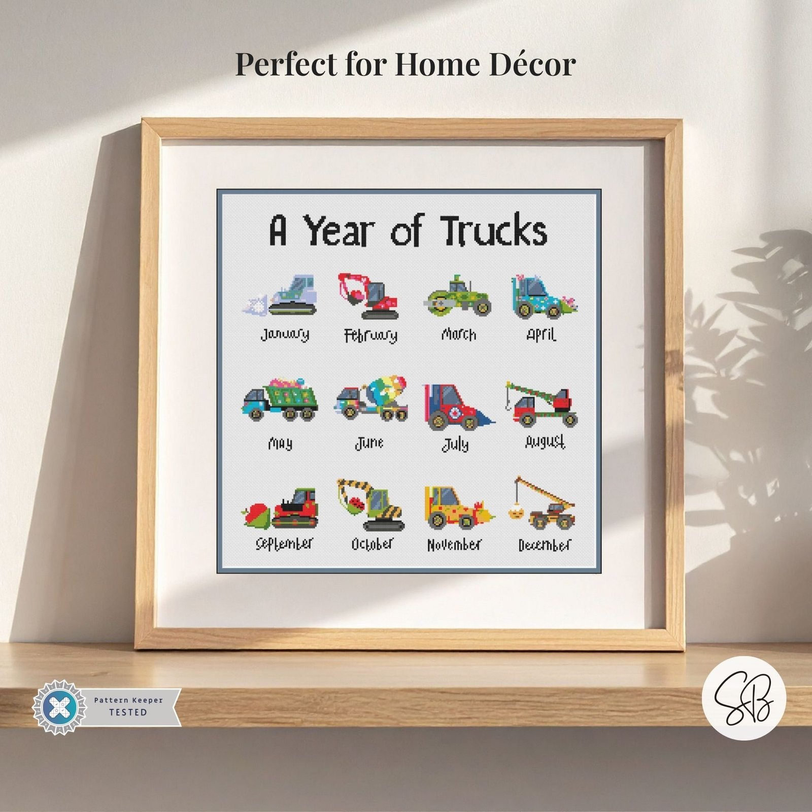 A Year of Trucks Cross Stitch Pattern, Seasonal Construction Vehicles, Kids Truck Embroidery PDF, PatternKeeper