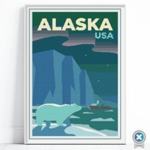 Alaska Travel Poster Cross Stitch Pattern, Retro Vintage Decor, Beginner, Instant Download, Floss Conversions