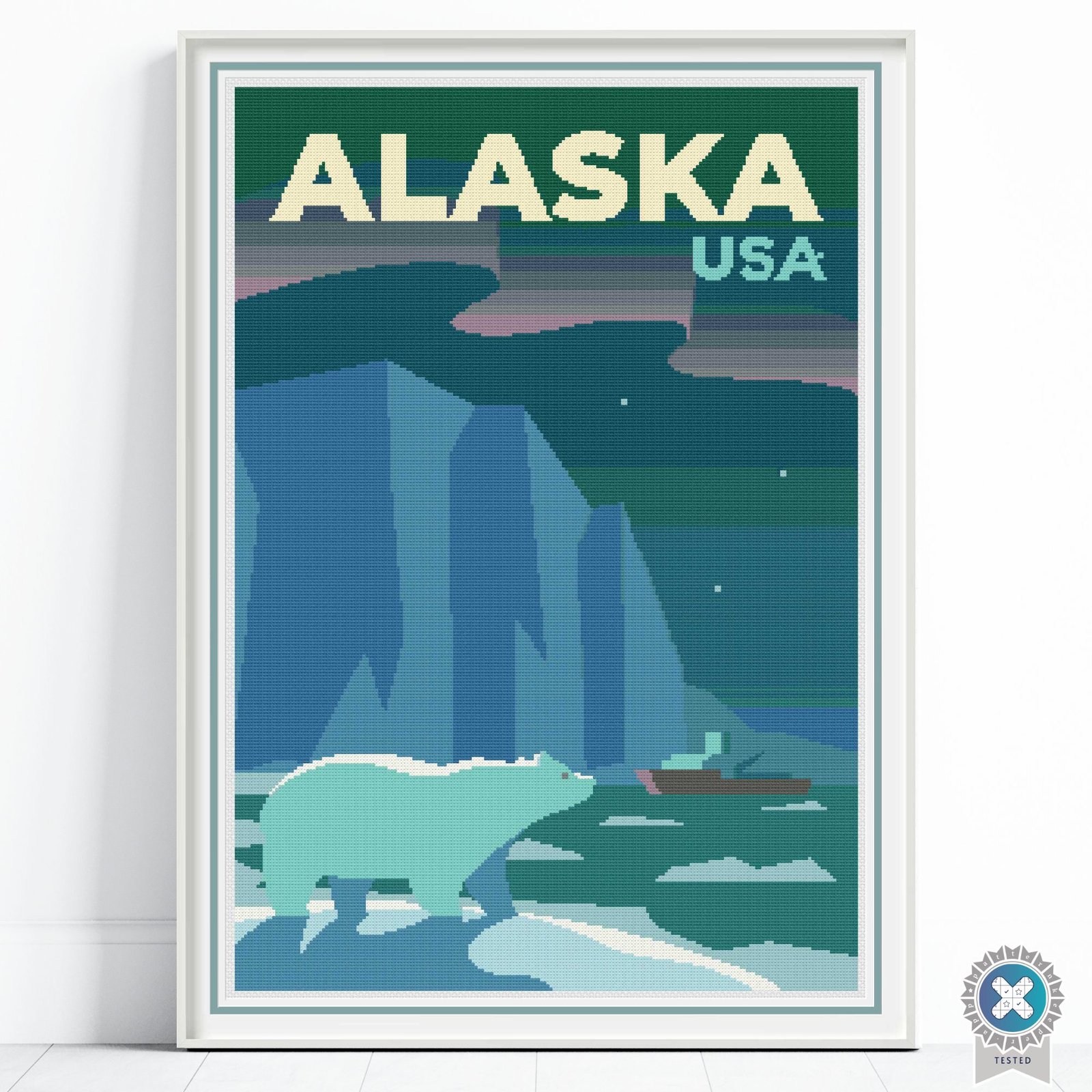 Alaska Travel Poster Cross Stitch Pattern, Retro Vintage Decor, Beginner, Instant Download, Floss Conversions