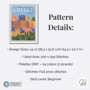 Athens Travel Poster Cross Stitch Pattern, Parthenon Travel Embroidery, Greek Wall Art, Floss Conversions
