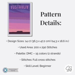 Uluru Australia Cross Stitch Pattern, Ayers Rock Retro Travel Poster, Full Coverage, Floss Conversions