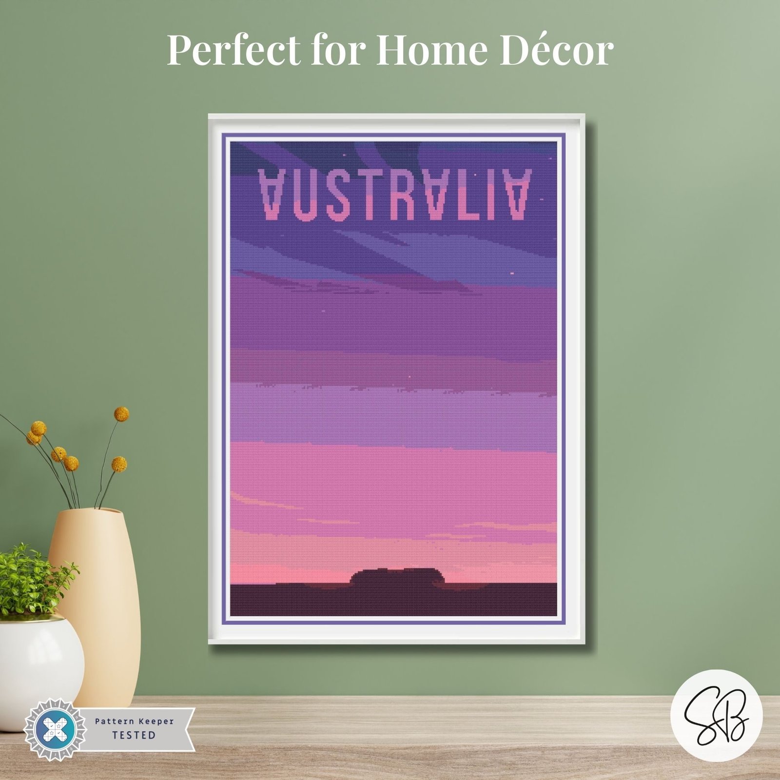Uluru Australia Cross Stitch Pattern, Ayers Rock Retro Travel Poster, Full Coverage, Floss Conversions