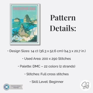 Bali Travel Poster Cross Stitch Pattern, Indonesia Travel Embroidery, Indonesian Wall Art, Floss Conversions