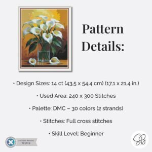Cala Lily Cross Stitch Pattern, Full Coverage, Floral PDF, Pattern Keeper, Floss Conversions