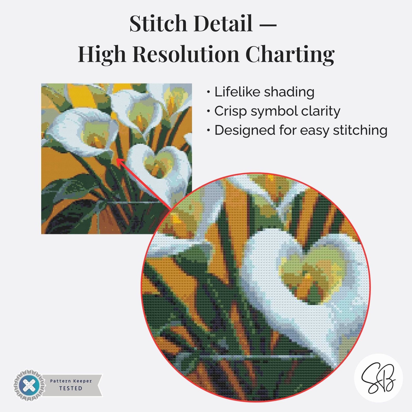 Cala Lily Cross Stitch Pattern, Full Coverage, Floral PDF, Pattern Keeper, Floss Conversions