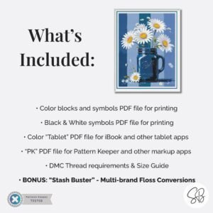 Farmhouse Daisies Cross Stitch, Modern Floral Embroidery, Summer Wildflowers, PDF Download, Floss Conversions