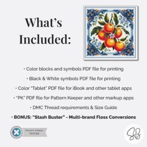 Orange Tile Cross Stitch Pattern, Mediterranean Blue and White Embroidery, Instant Download, Floss Conversions