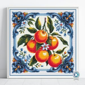Orange Tile Cross Stitch Pattern, Mediterranean Blue and White Embroidery, Instant Download, Floss Conversions