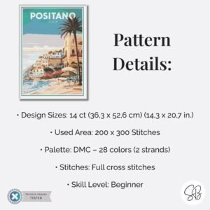 Positano Italy Poster Cross Stitch Pattern, Retro Vintage Decor, Places Embroidery Art, Floss Conversions
