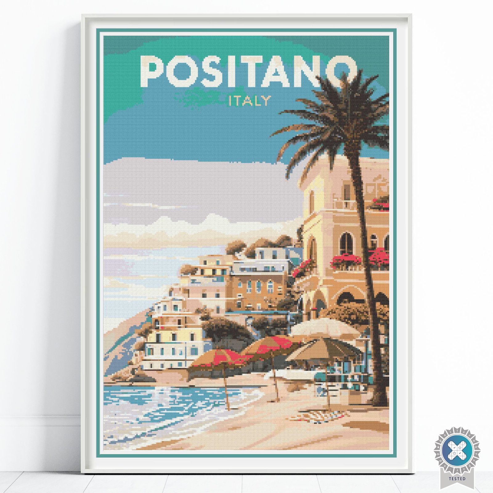 Positano Italy Poster Cross Stitch Pattern, Retro Vintage Decor, Places Embroidery Art, Floss Conversions