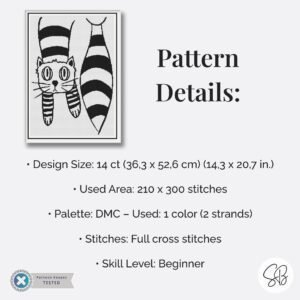 Striped Cat Cross Stitch Pattern, Minimalist Cat Line Art, Black & White Embroidery, Floss Conversions