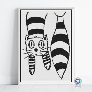 Striped Cat Cross Stitch Pattern, Minimalist Cat Line Art, Black & White Embroidery, Floss Conversions