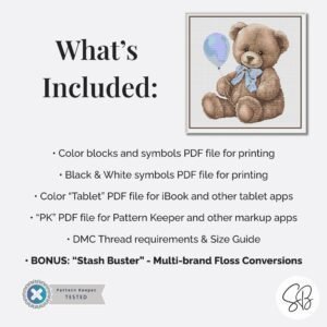 Teddy Bear Cross Stitch Pattern, Vintage Nursery Embroidery, Digital Download, PatternKeeper, Floss Conversions