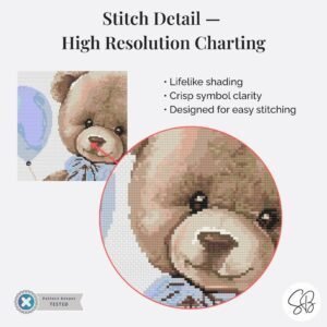 Teddy Bear Cross Stitch Pattern, Vintage Nursery Embroidery, Digital Download, PatternKeeper, Floss Conversions