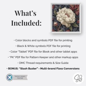 William Morris Peony Flower Cross Stitch Pattern, Art Nouveau Embroidery, PDF, PatternKeeper, Floss Conversions