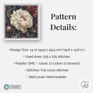 William Morris Peony Flower Cross Stitch Pattern, Art Nouveau Embroidery, PDF, PatternKeeper, Floss Conversions