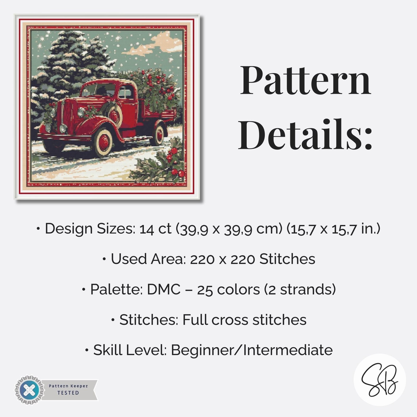 William Morris Christmas Truck Cross Stitch Pattern, Red Truck Holiday Embroidery, Floss Conversions, PatternKeeper