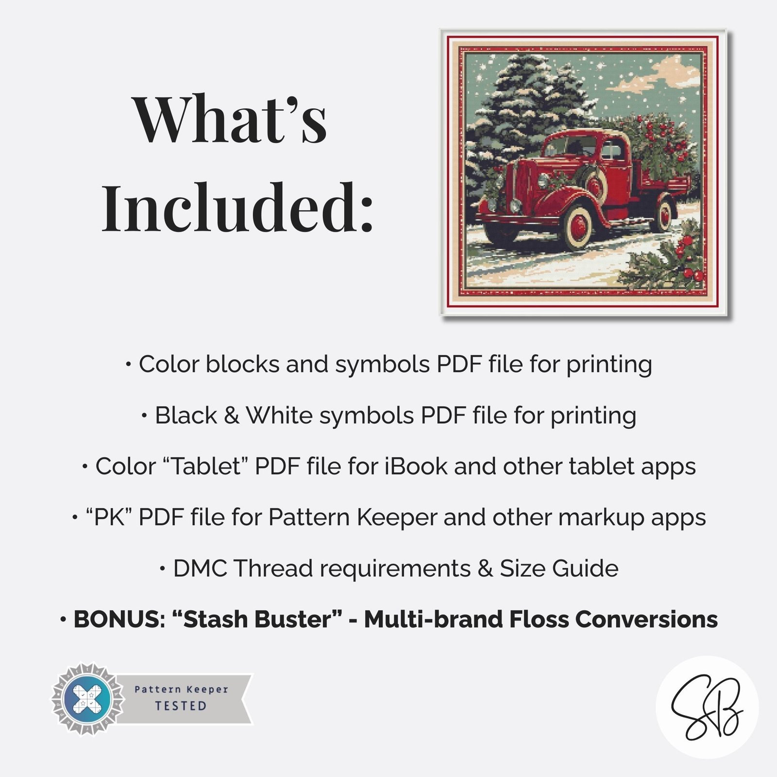 William Morris Christmas Truck Cross Stitch Pattern, Red Truck Holiday Embroidery, Floss Conversions, PatternKeeper