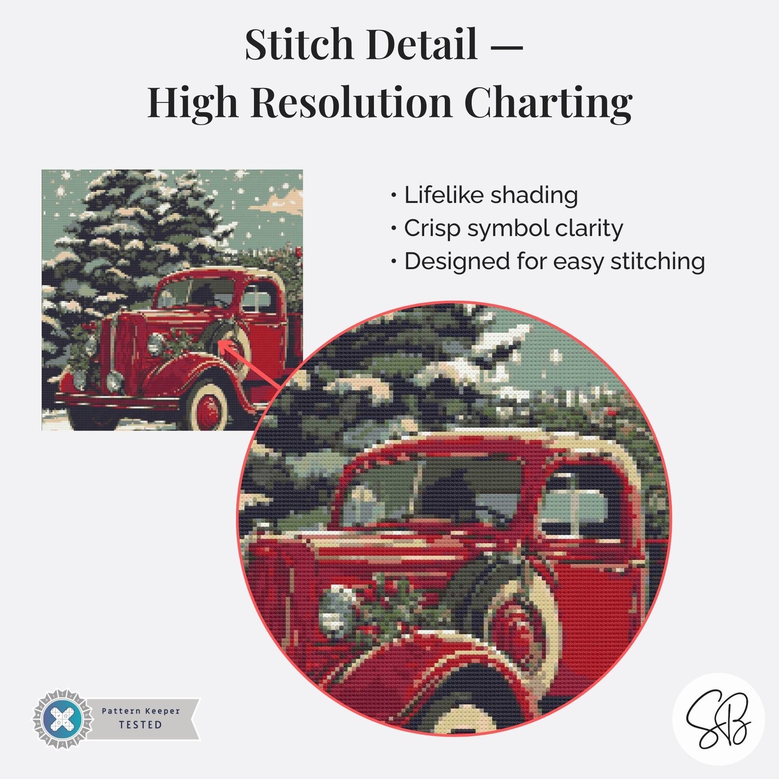 William Morris Christmas Truck Cross Stitch Pattern, Red Truck Holiday Embroidery, Floss Conversions, PatternKeeper