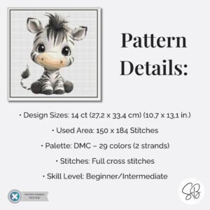 Whimsical Baby Zebra Cross Stitch Pattern, Safari Nursery Decor, Instant Download, PatternKeeper, Floss Conversions